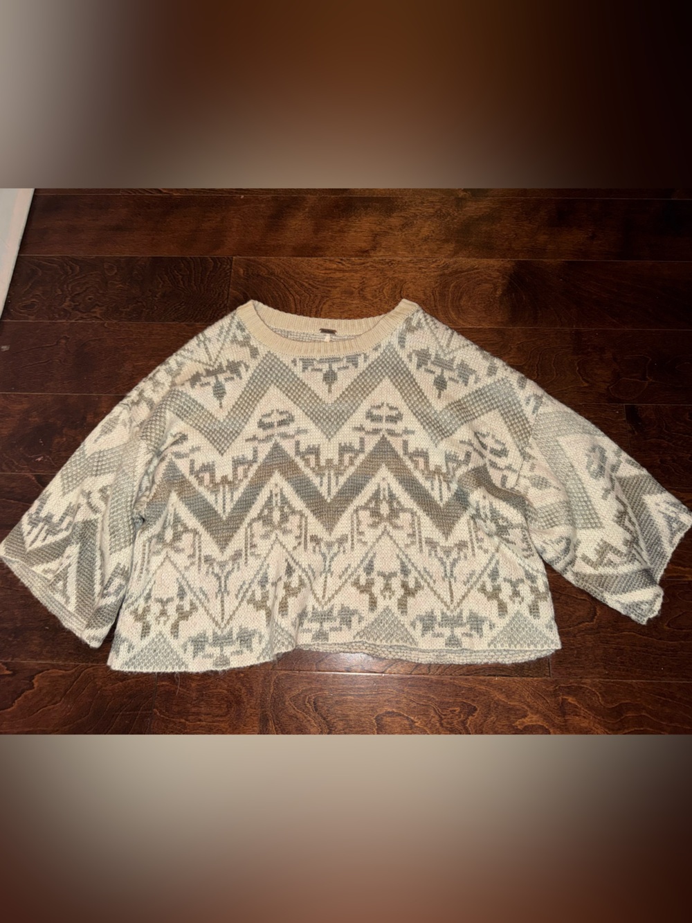 Free People Cream and Gray Fair Isle Crewneck Sweater